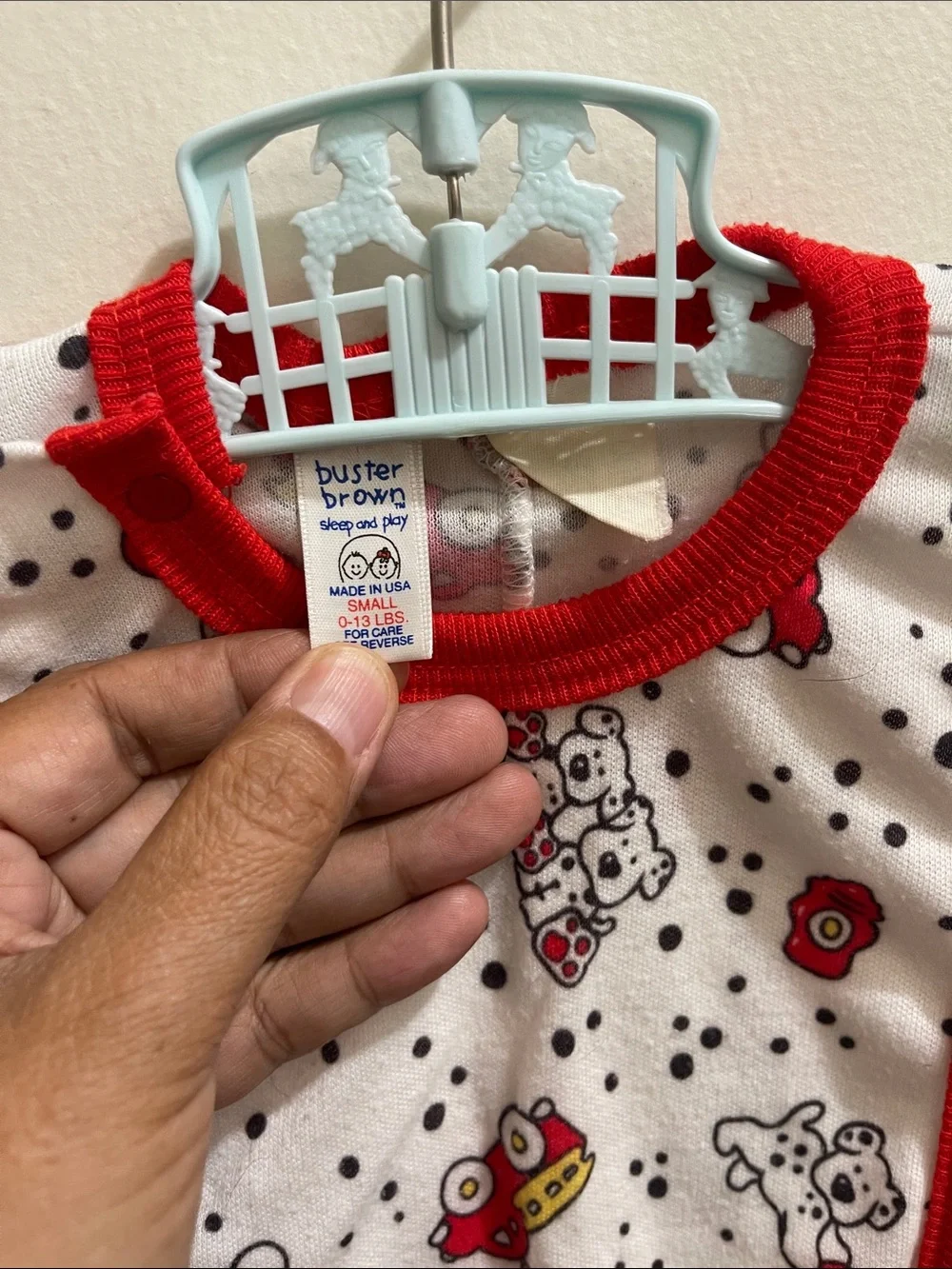 Vintage Buster Brown Footie One-Piece Sleeper Firemen Dalmatians Red Trim Sz 0/3